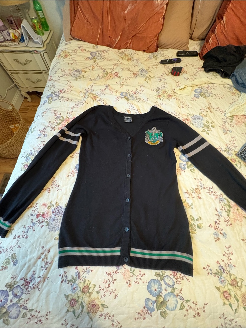 Warner Bros. Black Cardigan with Green and Gray Slytherin Crest Accents